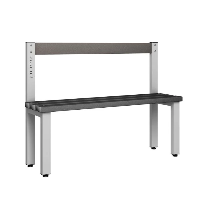 Single Sided Low Bench Seat with Back Rest and Black Polymer Slats Commercial Washrooms Commercial Washrooms