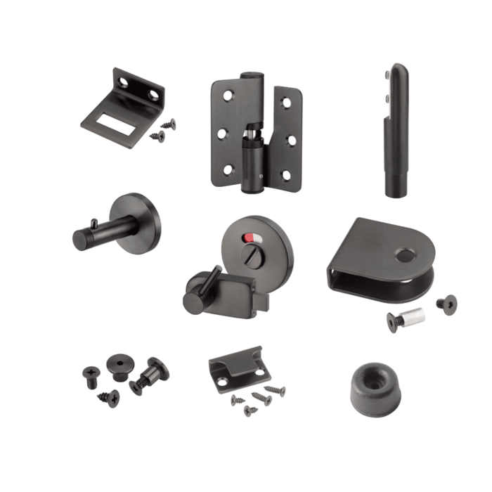 Black Stainless Steel Toilet Cubicle Hardware Pack for Standard Height Cubicle Black Stainless Steel Toilet Cubicle Hardware Pack for Standard Height Cubicle