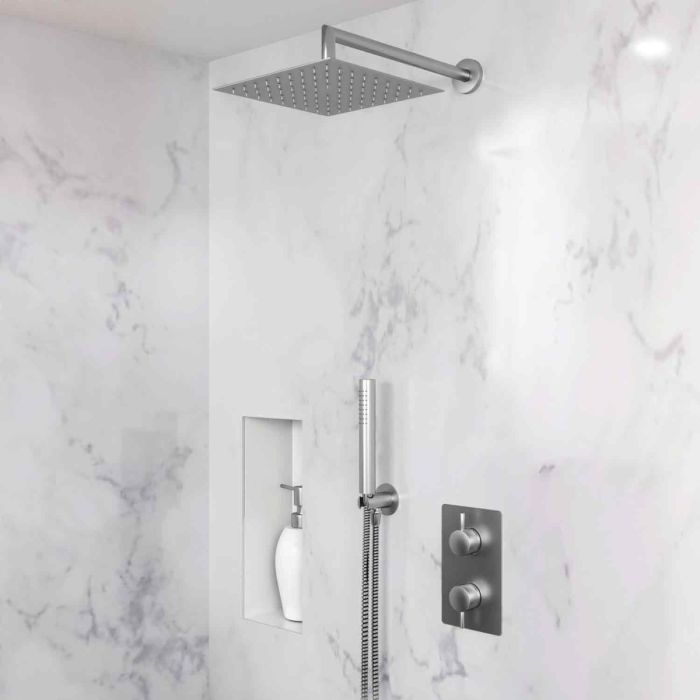 Dolphin Shower Set with Square Wall Mounted Head and Handheld Outlet - Satin Stainless Steel | Commercial Washrooms Dolphin Shower Set with Square Wall Mounted Head and Handheld Outlet - Satin Stainless Steel | Commercial Washrooms