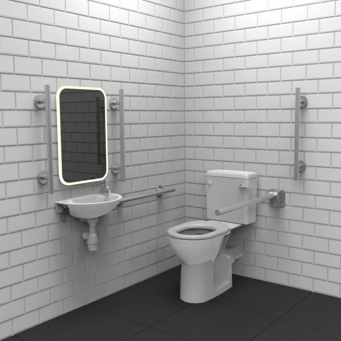 Fitzroy Of London Luxury Rimless Close Coupled Doc M Toilet Pack with Concealed Fixing Grab Rails - Satin Fitzroy Of London Luxury Rimless Close Coupled Doc M Toilet Pack with Concealed Fixing Grab Rails - Satin