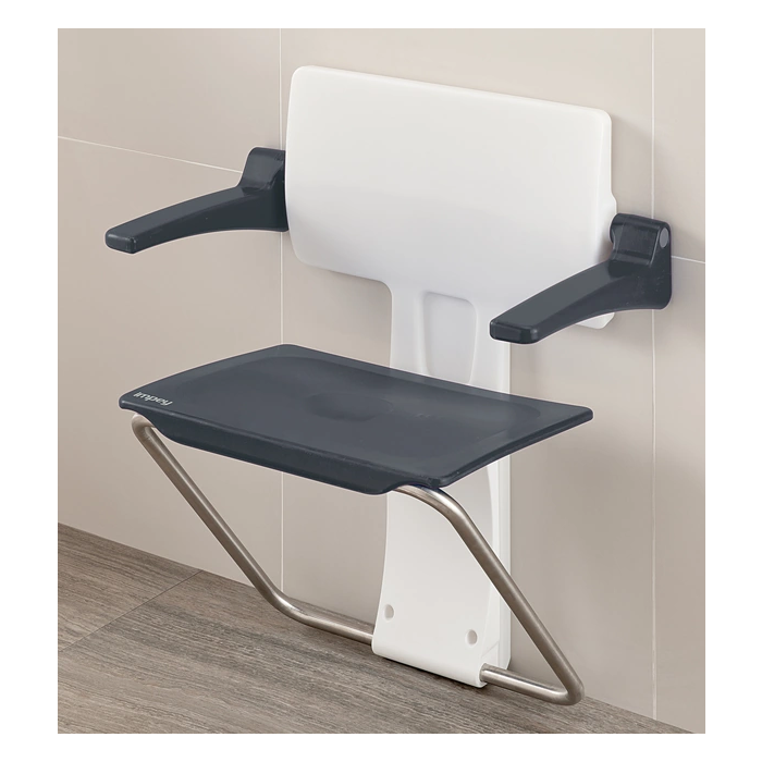 Grey Slim Fold Shower Seat with Arms for Wall Mounting