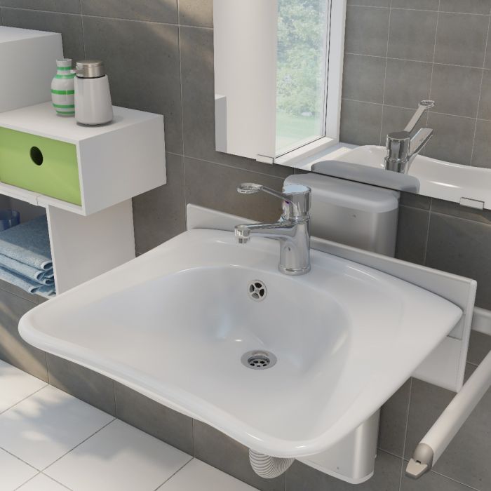Pressalit PLUS Gas Assisted Height Adjustable Bracket with CURVE Wash Basin Pack | Commercial Washrooms Pressalit PLUS Gas Assisted Height Adjustable Bracket with CURVE Wash Basin Pack | Commercial Washrooms