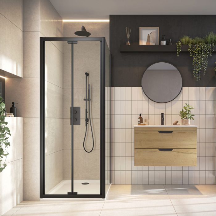 Scudo S6 Semi Frameless Bifold Shower Door - Matte Black Scudo S6 Semi Frameless Bifold Shower Door - Matte Black