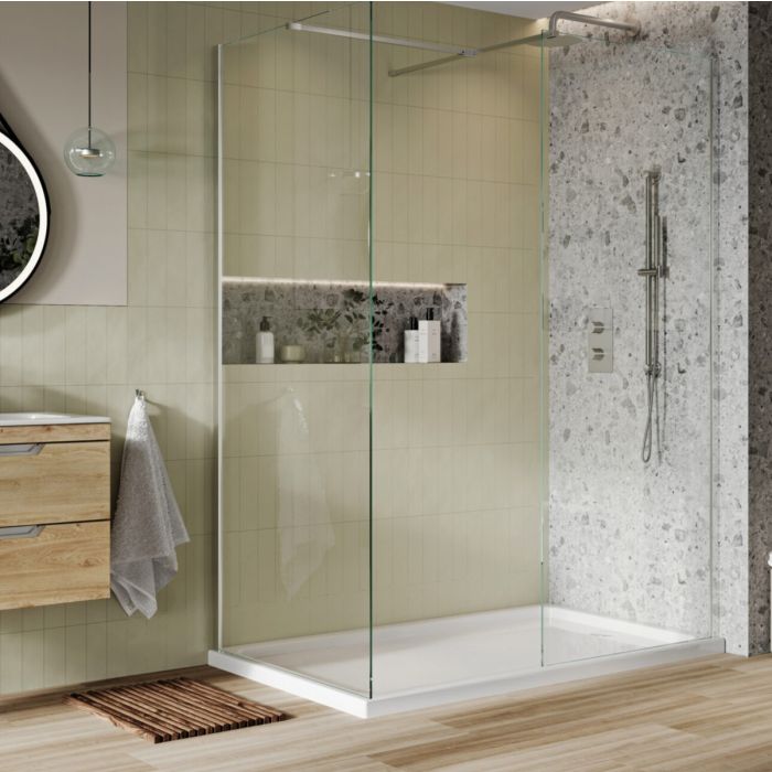 Scudo S8 Glass Wetroom Panel with Chrome Wall Trim Scudo S8 Glass Wetroom Panel with Chrome Wall Trim