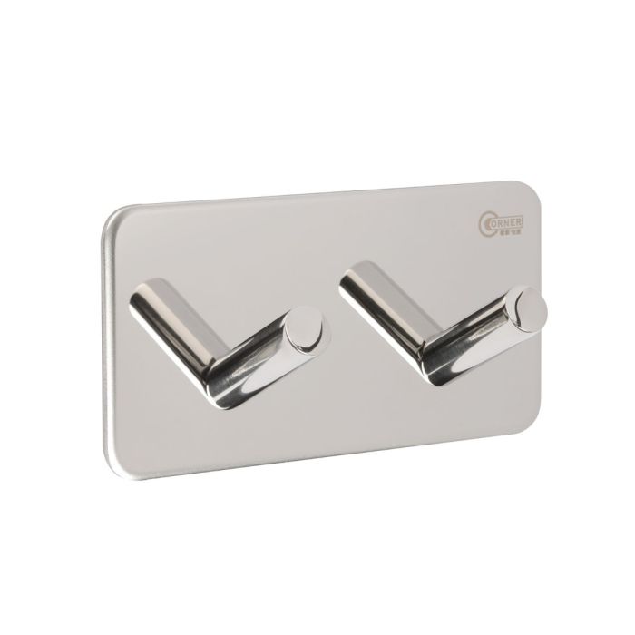 Double Coat Hook On 3M Adhesive Plate - Polished Stainless Steel Double Coat Hook On 3M Adhesive Plate - Polished Stainless Steel