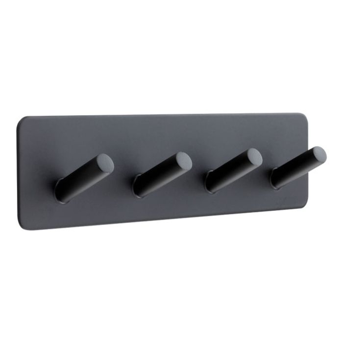 4 Coat Hooks On 3M Adhesive Plate | Black | Commercial Washrooms 4 Coat Hooks On 3M Adhesive Plate | Black | Commercial Washrooms