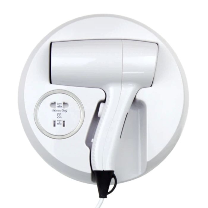 Wall Mounted Hair Dryer With Shaver Socket - White ABS Plastic Wall Mounted Hair Dryer With Shaver Socket - White ABS Plastic
