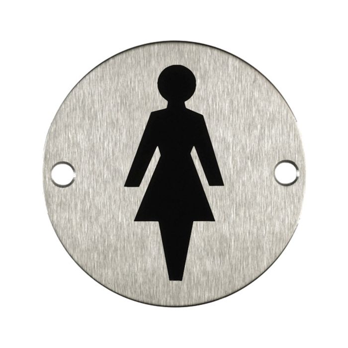 Round Female Toilet Door Sign - Satin Stainless Steel Round Female Toilet Door Sign - Satin Stainless Steel