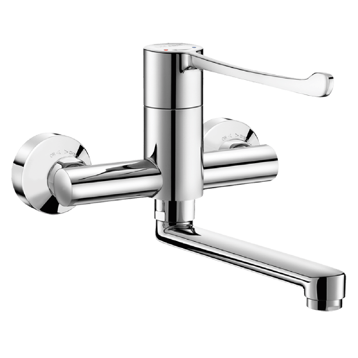 Delabie Wall Mounted Sequential Lever Mixer Tap with 200mm Swivelling or Fixed Spout, 2436, 2437