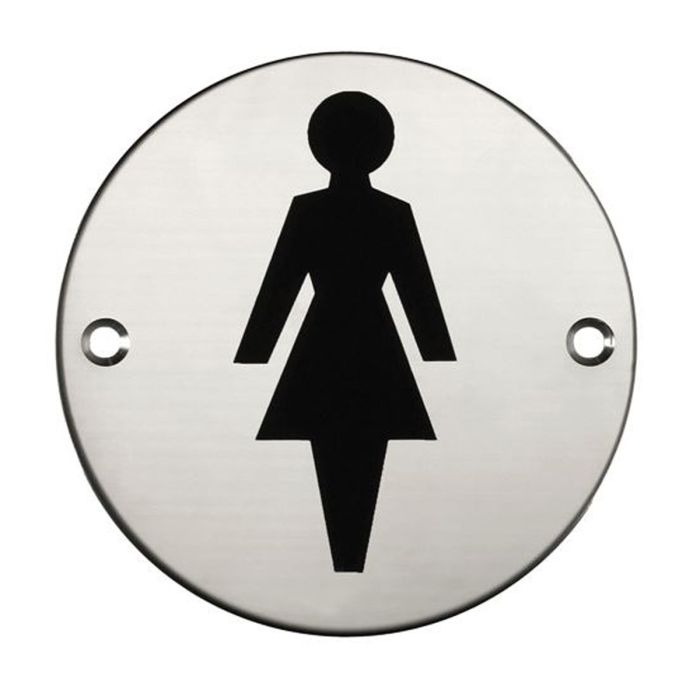 Round Female Toilet Door Sign - Polished Stainless Steel Round Female Toilet Door Sign - Polished Stainless Steel
