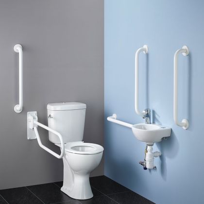 Armitage Shanks Monaco 2 Doc-M Close Coupled Toilet Pack with Thermostatic Valve and White Grab Rails | Commercial Washrooms