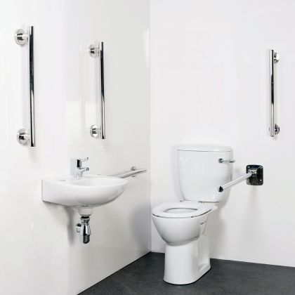 Close Coupled Doc M Toilet Pack with Contemporary Stainless Steel Rails and a TMV3