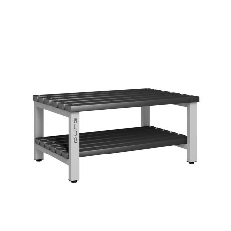 1000mm Double Sided Changing Room Bench Seat with Black Polymer Slats and Base Shelf