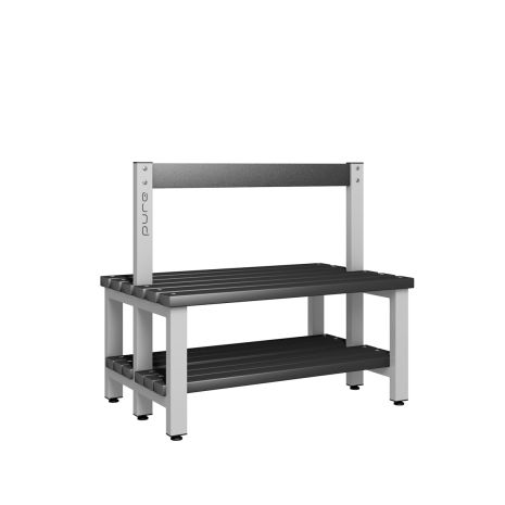 1000mm Double Sided Low Bench Seat with Base Shelf and Black Polymer Slats