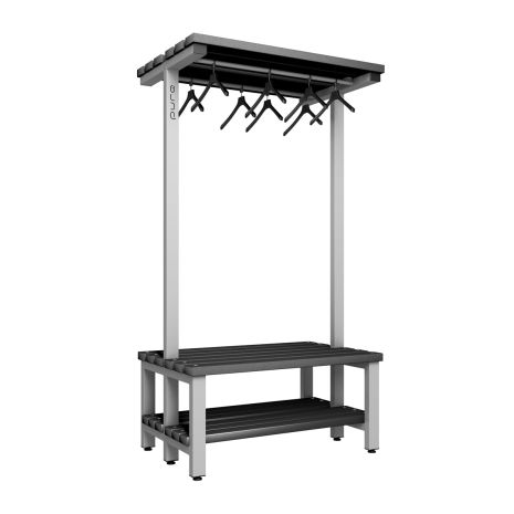 1000mm Double Sided Over Head Hanging Changing Room Bench Seat with Base Shelf and Black Polymer Slats