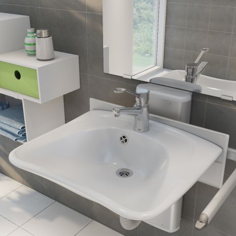 Pressalit PLUS Gas Assisted Height Adjustable Bracket with CURVE Wash Basin Pack | Commercial Washrooms