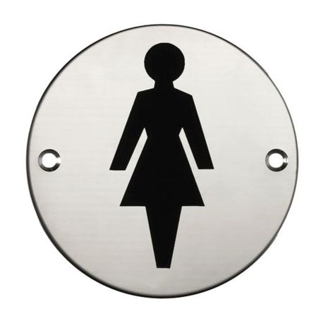 Round Female Toilet Door Sign - Polished Stainless Steel
