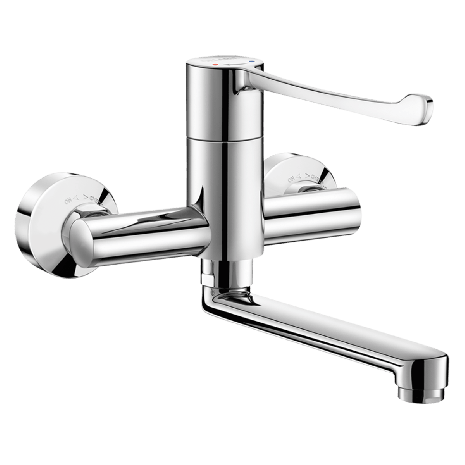 Delabie Wall Mounted Sequential Lever Mixer Tap with 200mm Swivelling or Fixed Spout, 2436, 2437
