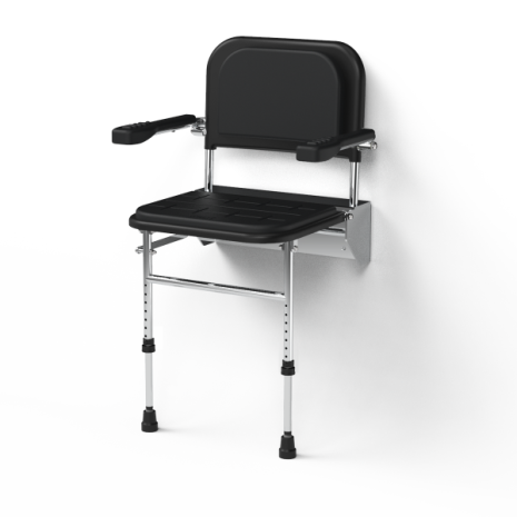 Fitzroy of London Premium Wall Mounted Shower Seat, Legs, Back, Arms, Padded, Polished Aluminium Frame, Black