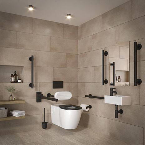 Left Handed Armitage Shanks Concept Freedom Wall Hung Doc M Toilet Pack With Black Grab Rails