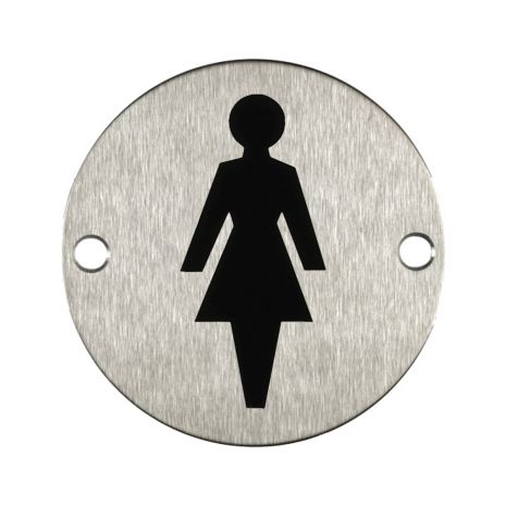 Round Female Toilet Door Sign - Satin Stainless Steel