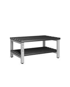 1000mm Double Sided Changing Room Bench Seat with Black Polymer Slats and Base Shelf