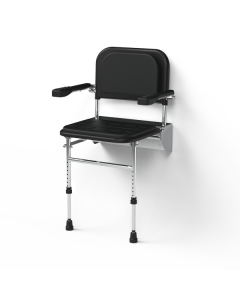 Fitzroy of London Premium Wall Mounted Shower Seat, Legs, Back, Arms, Padded, Polished Aluminium Frame, Black
