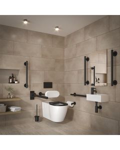 Left Handed Armitage Shanks Concept Freedom Wall Hung Doc M Toilet Pack With Black Grab Rails