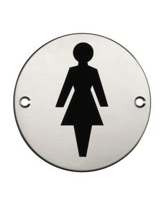 Round Female Toilet Door Sign - Polished Stainless Steel