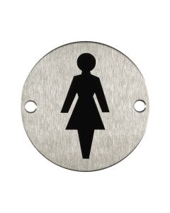 Round Female Toilet Door Sign - Satin Stainless Steel