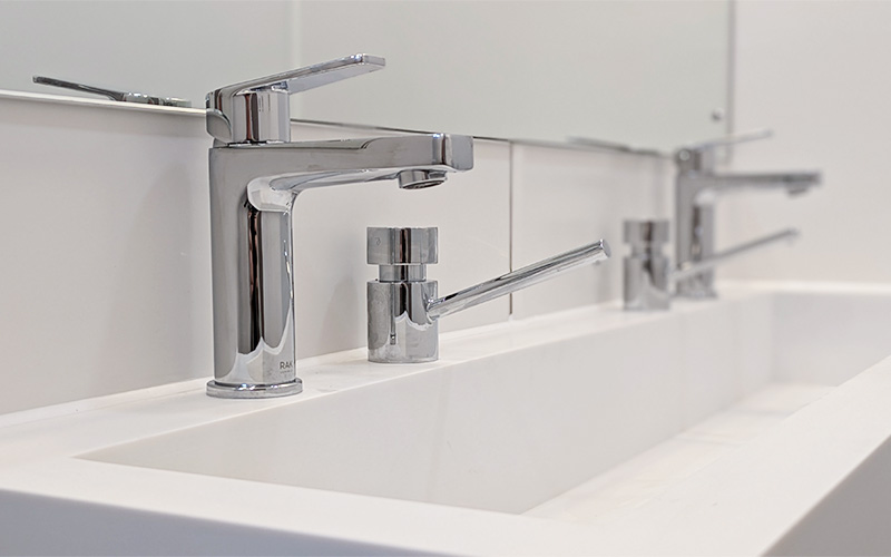 Men's Office Toilets Refurbishment at Poole Lighting - Taps and Counter-Mounted Soap Dispenser