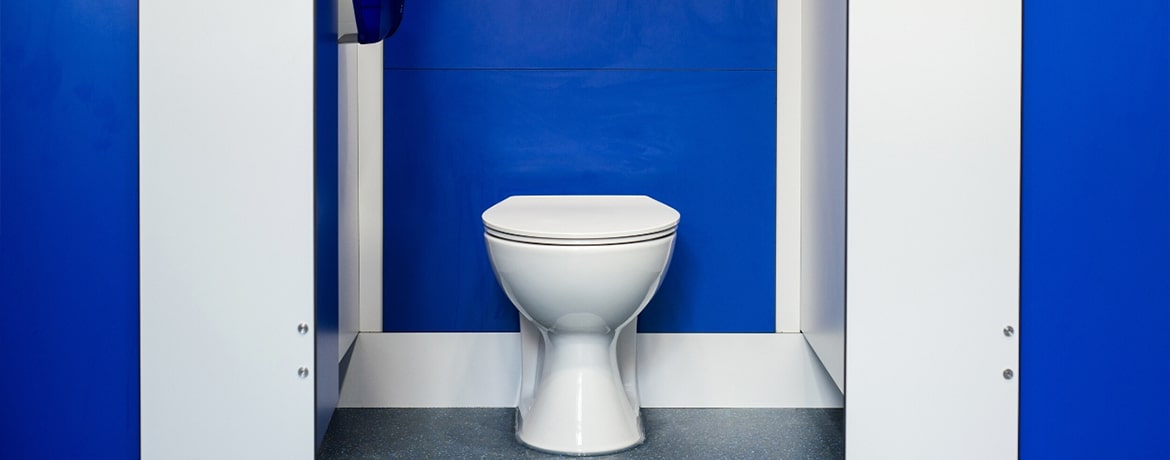 Commercial Bathroom Blue and White Toilets