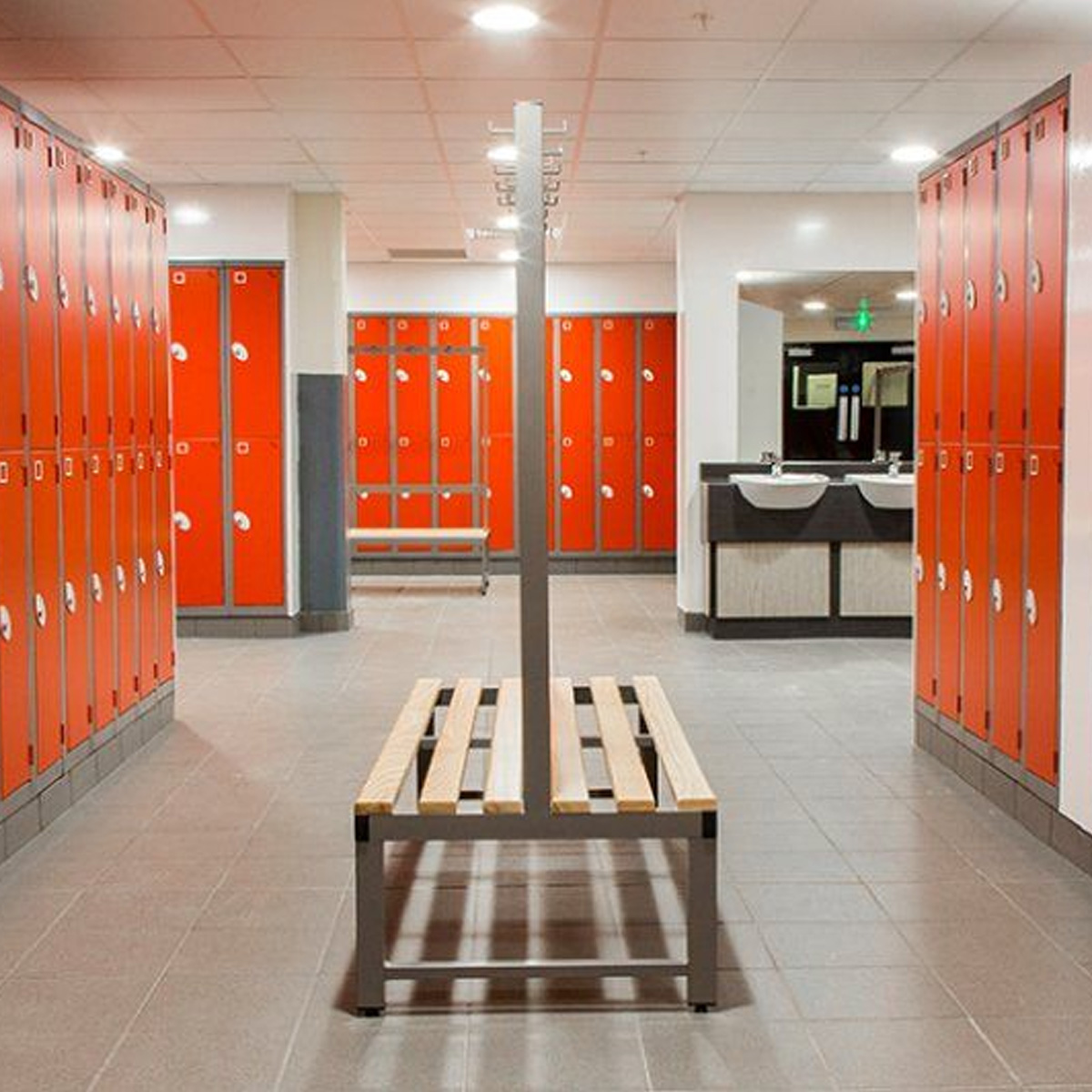 Changing room benches with matching coat hooks