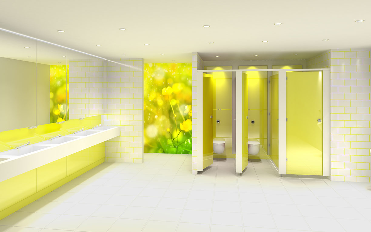 Yellow Cubicles and Washroom